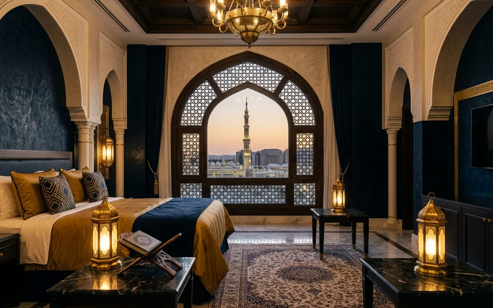 Five-star hotel suite with an arched window framing a distant minaret