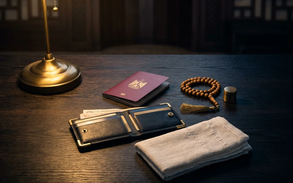 Travel documents, prayer beads, and folded Ihram cloth arranged on a dark desk