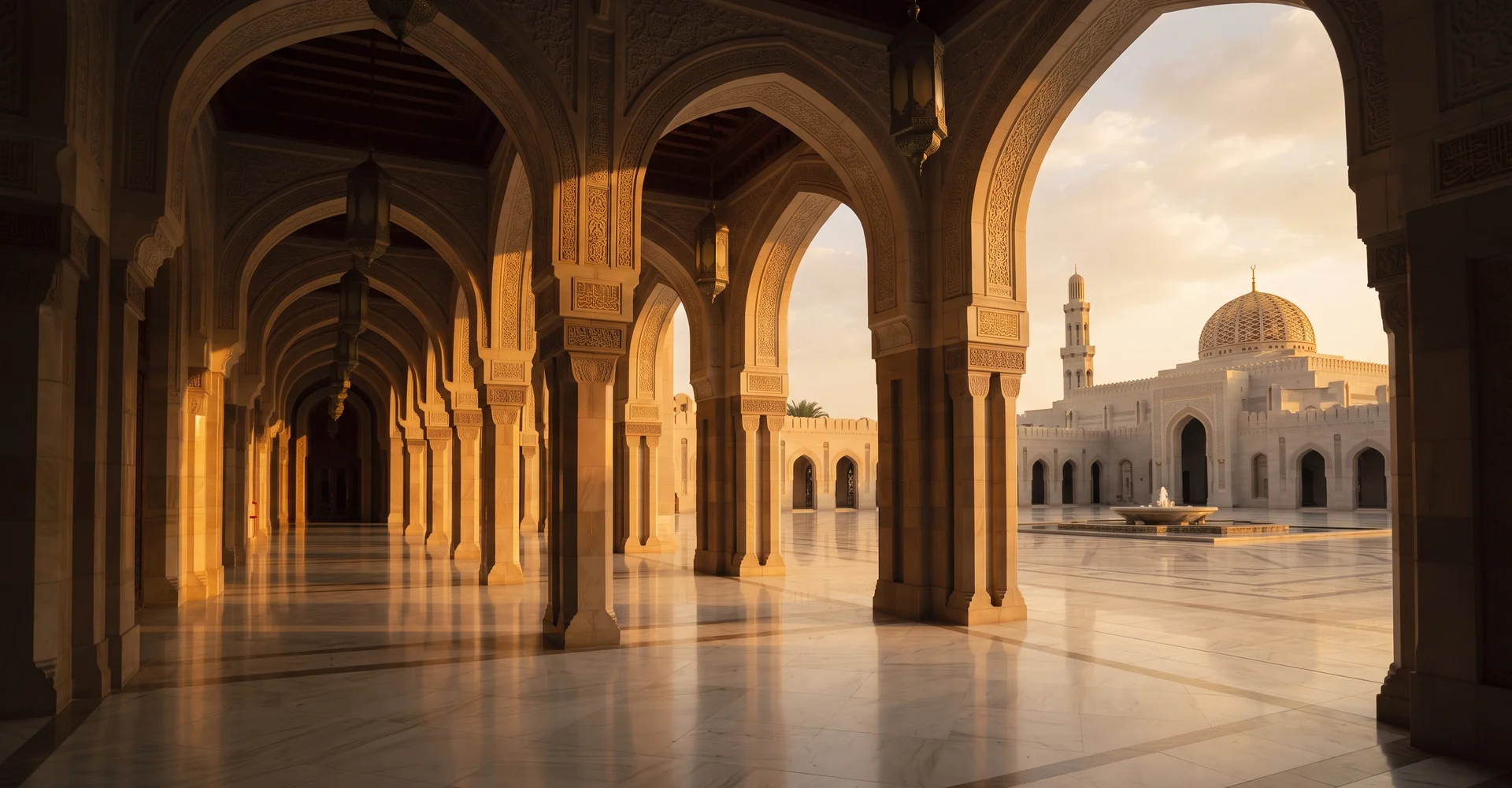 Shaded arcade of horseshoe arches with warm light on polished stone