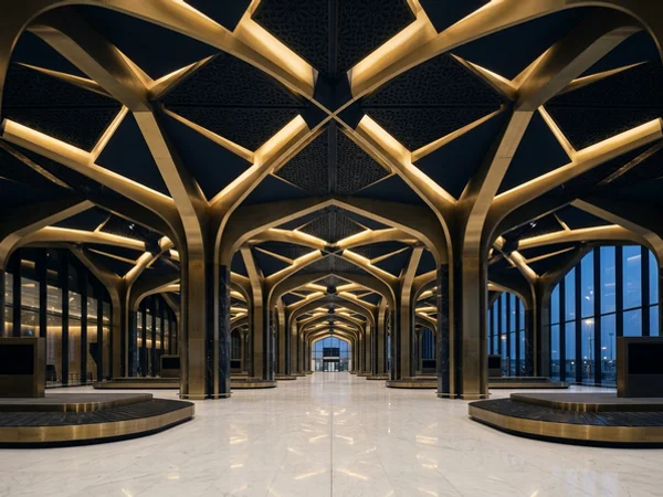 Modern Saudi airport arrivals hall with a geometric ceiling