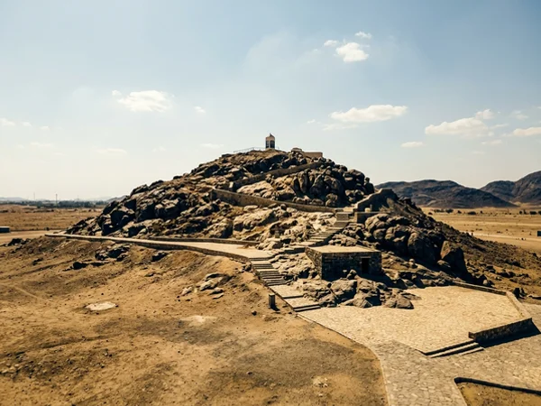 The Mount of Mercy at Arafat rising from flat dry ground