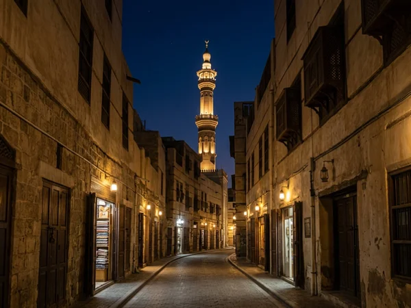 Makkah side street at dusk with a minaret rising above low buildings
