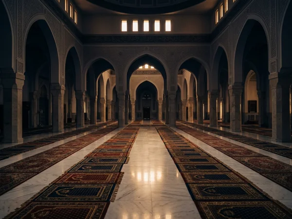 Prayer rugs laid across polished marble in an empty mosque hall