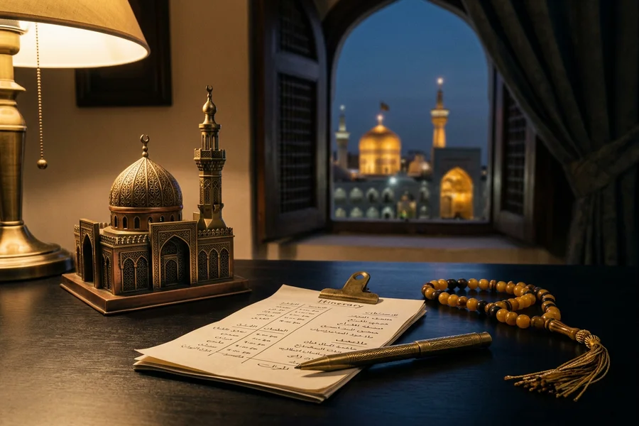 Folded itinerary, brass pen, and prayer beads on a dark desk