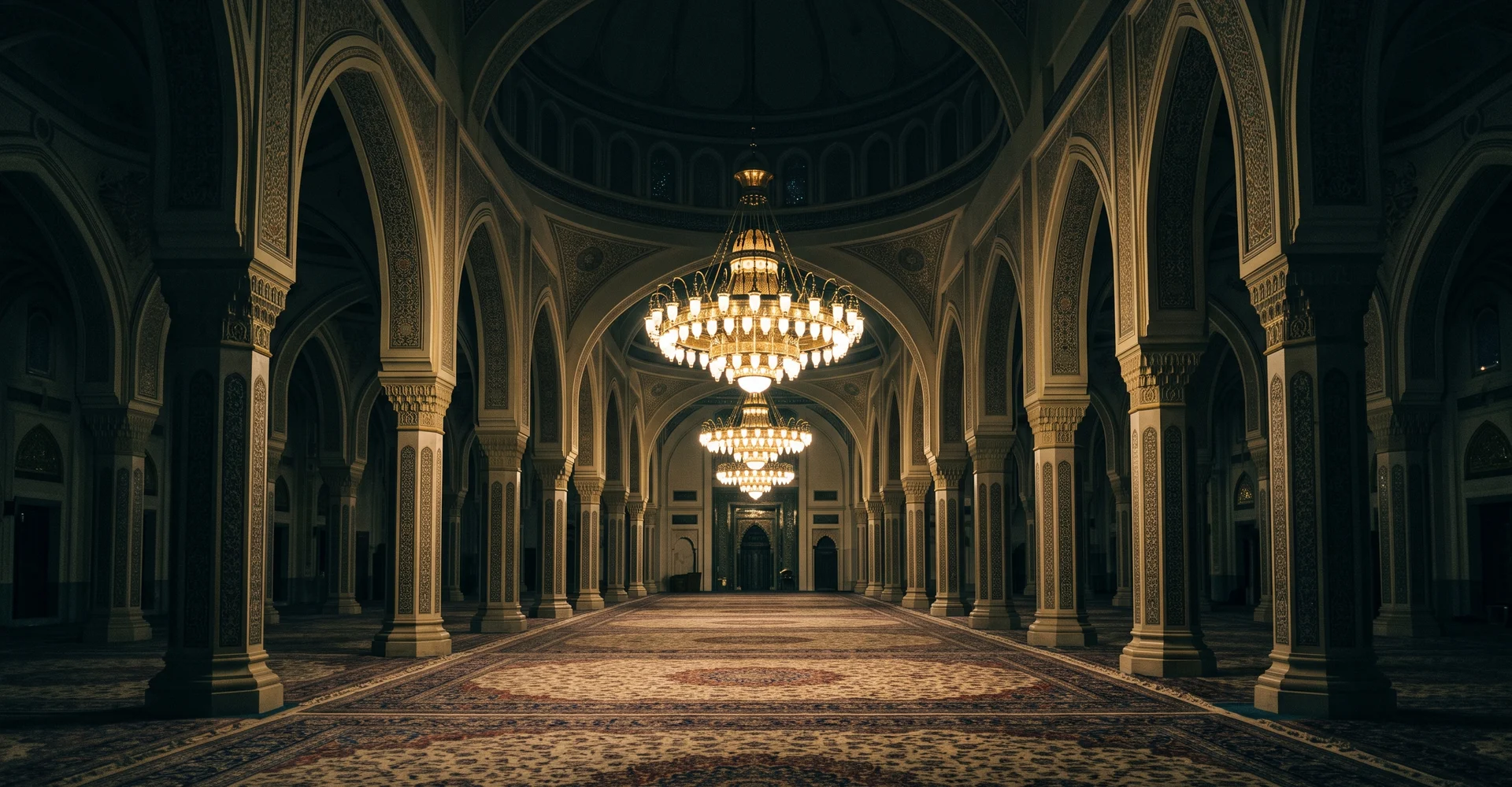 Vast mosque prayer hall with repeating columns and patterned carpet