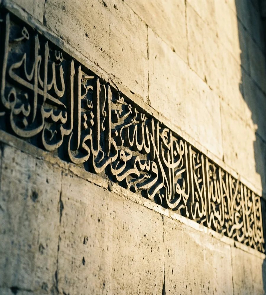 Carved Arabic calligraphy band across a pale limestone wall