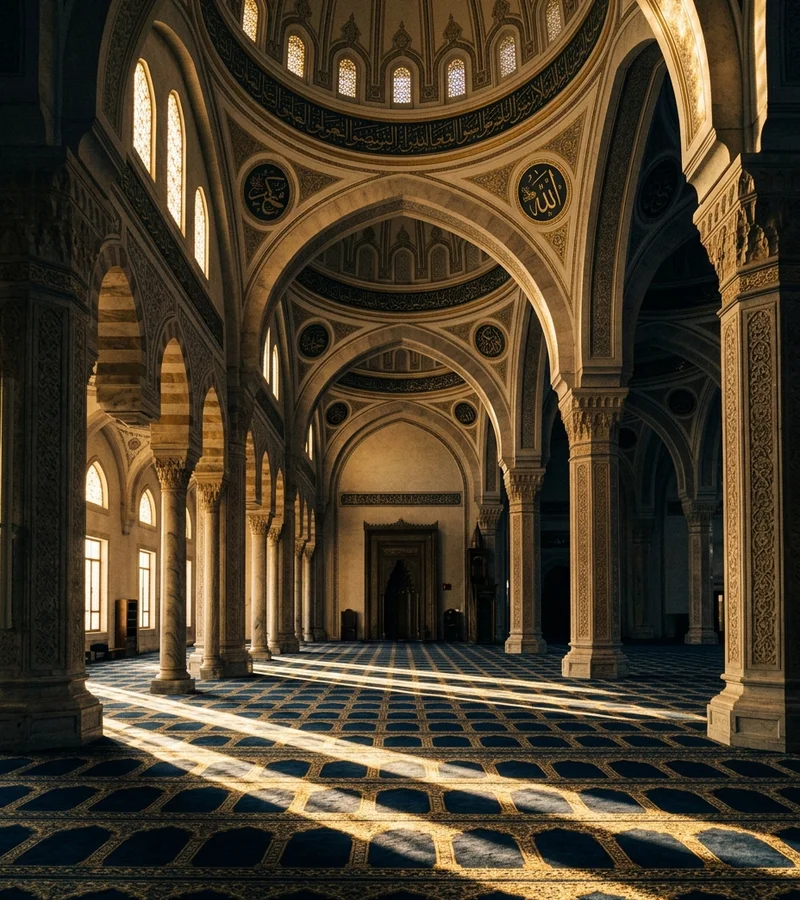 Quiet mosque hall at golden hour with sunlight across patterned carpet