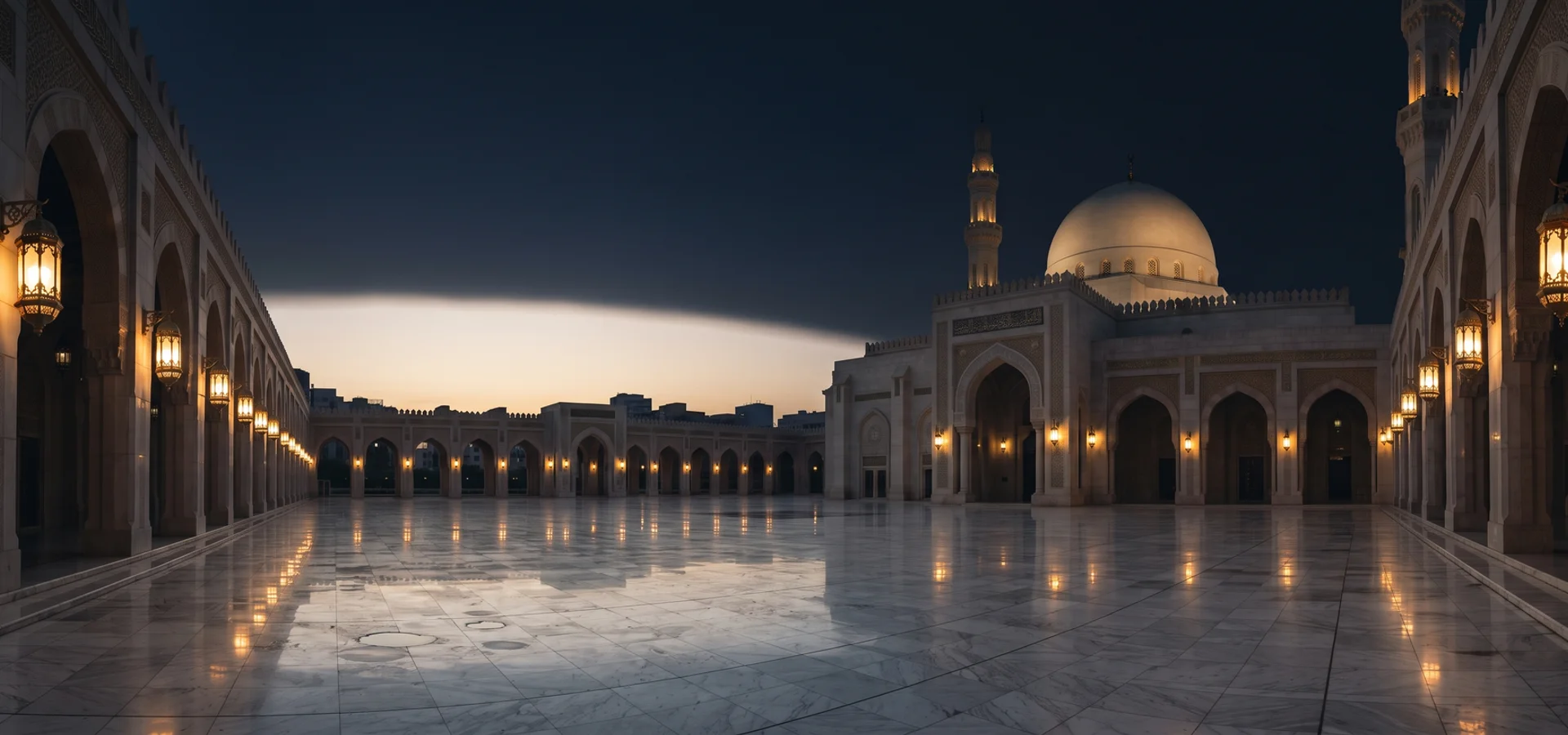 Quiet courtyard before dawn with marble reflecting lamp light