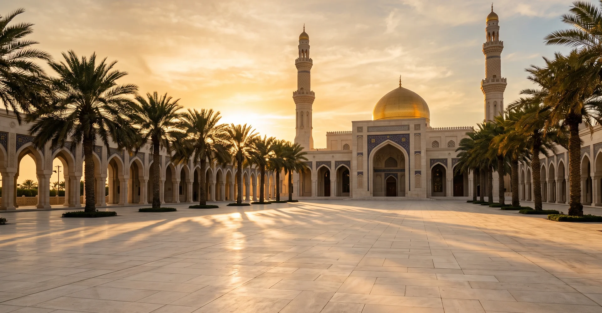 Palm-lined mosque forecourt in warm late afternoon light
